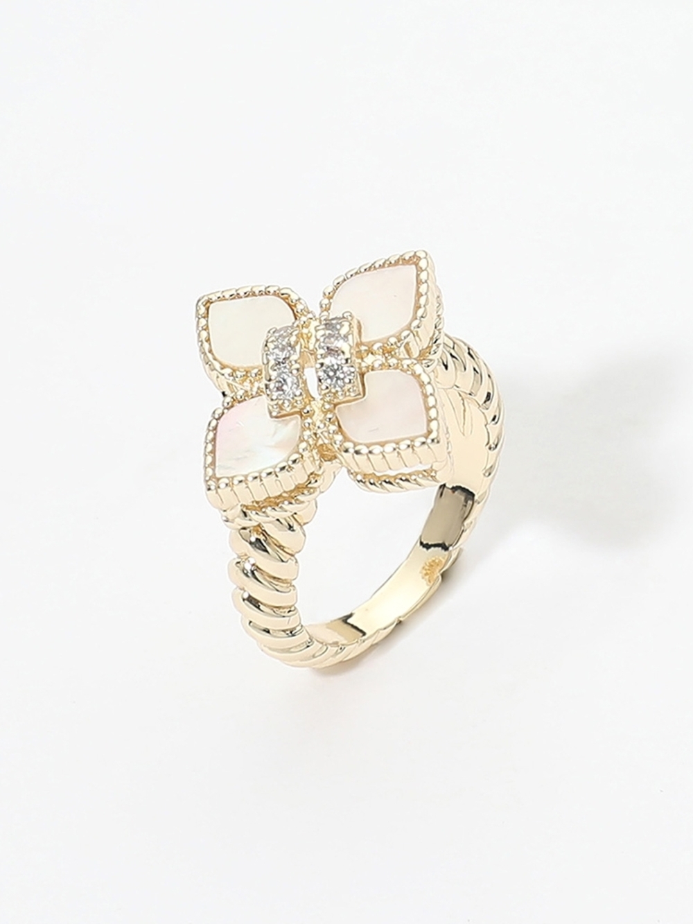 Gold CZ Mother Of Pearl Size 7 Flower Ring Finger Statement Accessory Jewelry